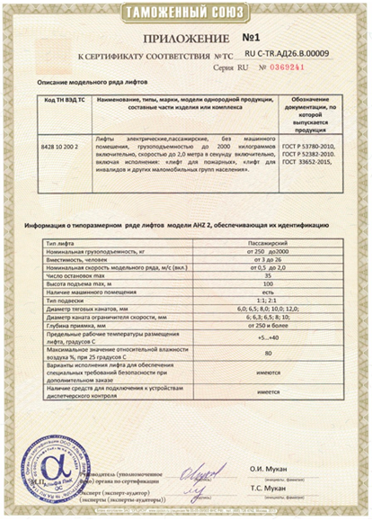Сертификат на пассажирский лифт AH&MET